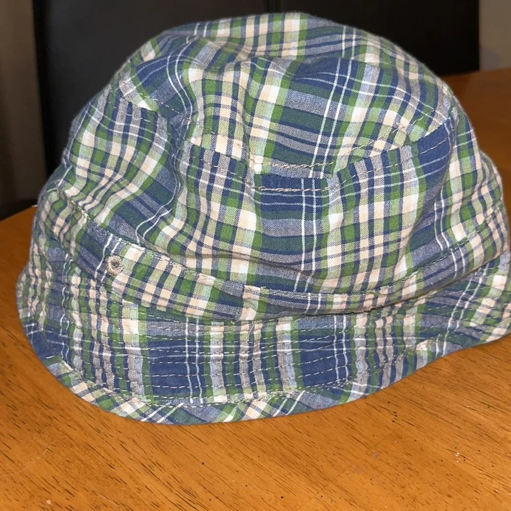 Toddler Boys Reversible Bucket Hat Khaki and Blue Green White Tan Plaid